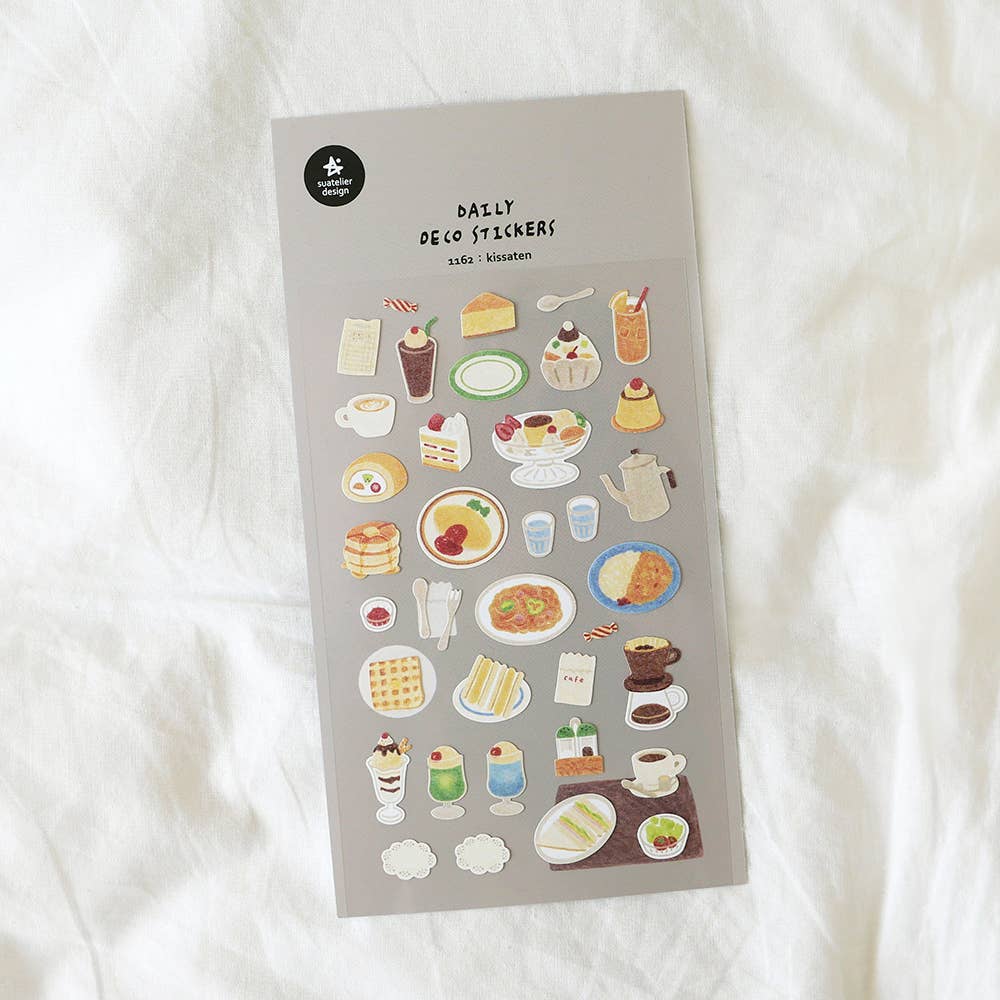 Sticker sheet with food-themed designs on a white background