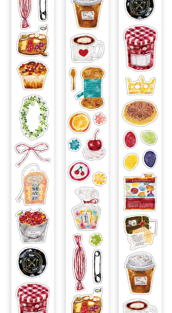 Collection of colorful food-themed illustrations on a white background