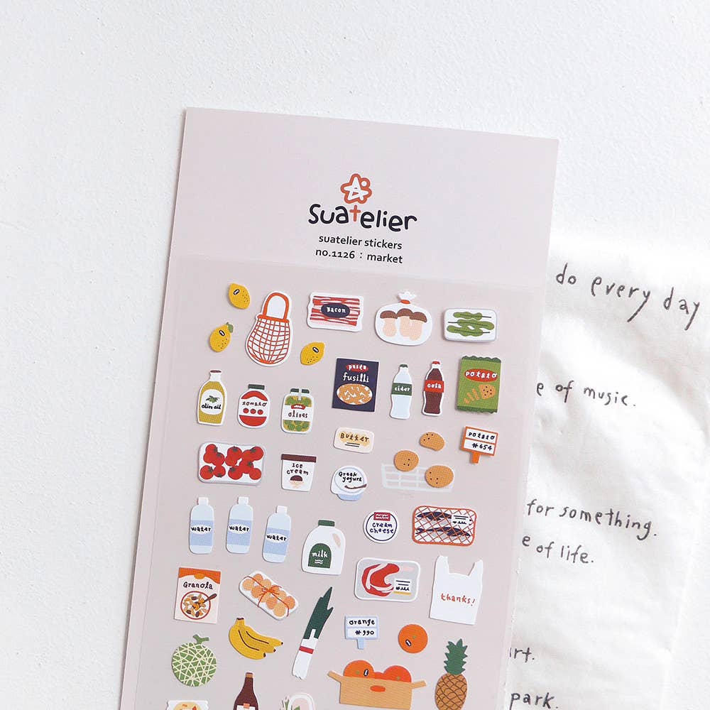 Sheet of Suatelier stickers with various illustrations on a white background