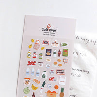 Sheet of Suatelier stickers with various illustrations on a white background