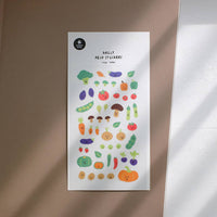 Sheet of colorful vegetable stickers on a white background