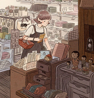 Illustration of a person in a store with shelves and products.