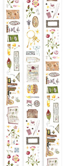 Decorative border strip with various illustrations on a white background