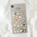 Sticker sheet with food-themed designs on a white background