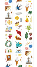 Decorative border with various food items and symbols on a white background