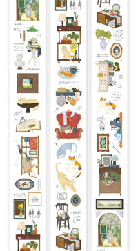 Decorative border with illustrations of various objects and scenes on a white background